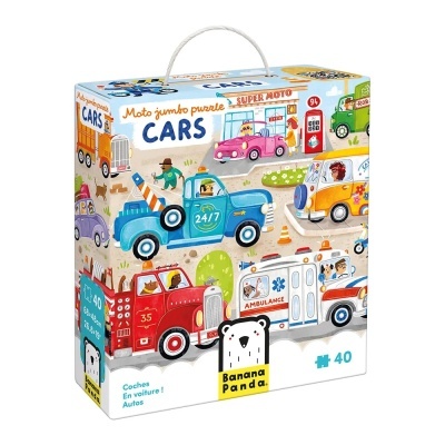 Caixa de puzzle Jumbo com ilustrações de carros e veículos coloridos.