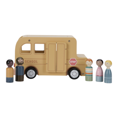 Brinquedo de autocarro escolar amarelo e figuras humanas de madeira