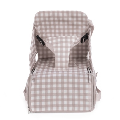 Cadeira dobrável portátil para bebés padrão xadrez bege claro e branco com fivelas pretas