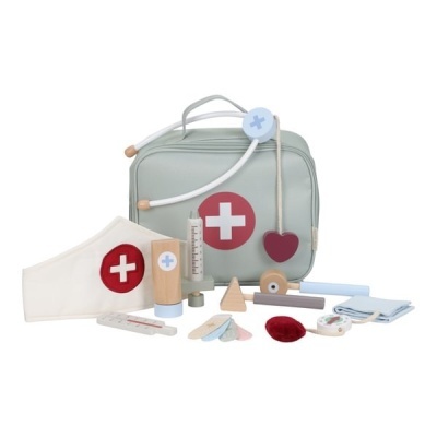 Conjunto de brinquedos médicos em madeira e tecido com bolsa cinzenta e acessórios em cores pastel.