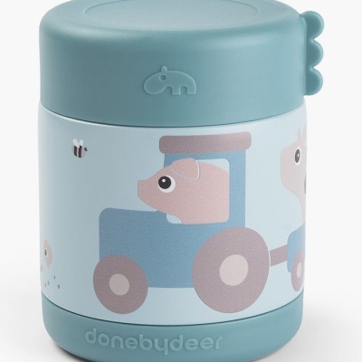 Pote infantil azul com tampa e desenho de carro e animal, texto done by deer na base