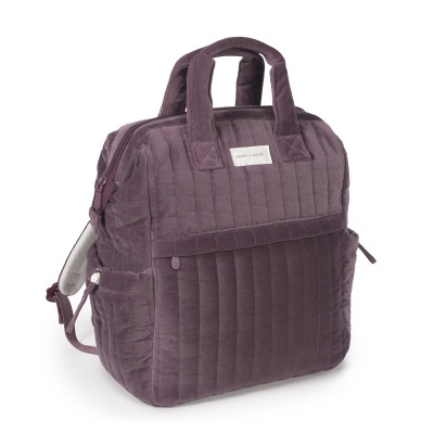 Mochila roxa de veludo com bolso frontal e alças acolchoadas