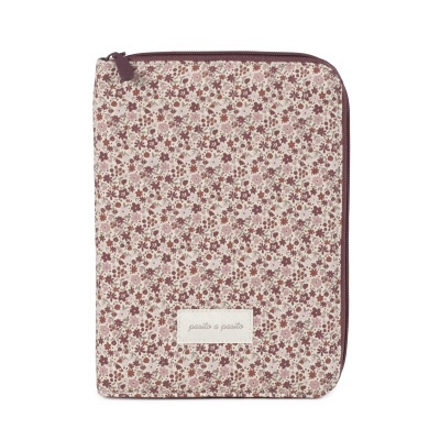 Estojo tecido floral rosa com zíper vinho e etiqueta pasito a pasito