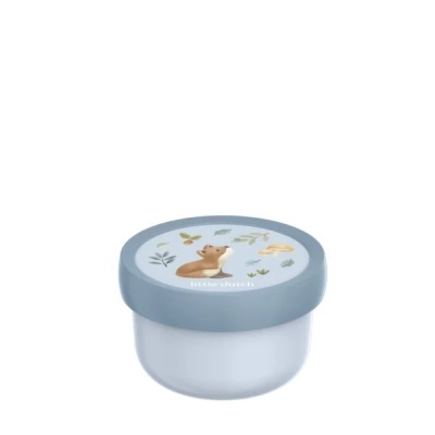 Pote plástico branco com tampa azul clara decorada com coelho e elementos da natureza