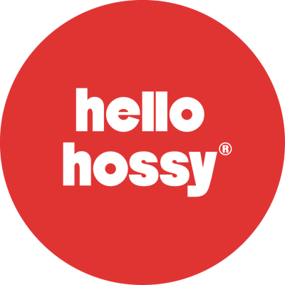 Logótipo vermelho com texto branco hello hossy®