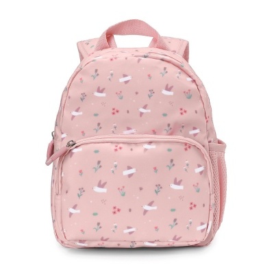 Mochila infantil rosa com padrão de pássaros e flores