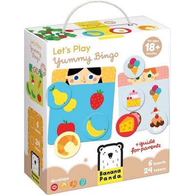 Caixa do jogo infantil Lets Play Yummy Bingo com ilustrações de frutas e doces.