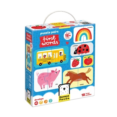 Caixa de puzzle infantil com desenhos e texto
