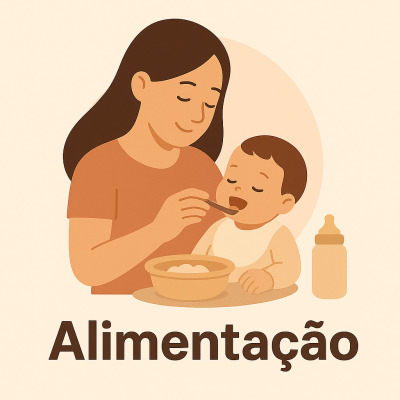 Ilustração de mãe a alimentar bebé com palavra Alimentação