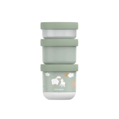 Três recipientes de armazenamento empilhados com tampas verdes e ilustrações de ovelhas