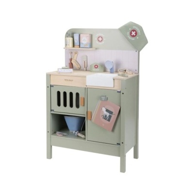 Móvel infantil de brincar estilo estação médica com acessórios médicos em tons pastel.