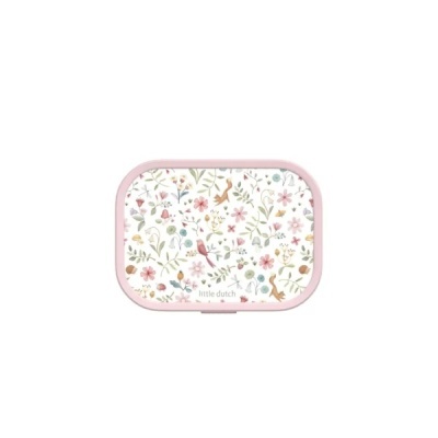 Caixa retangular com padrão floral colorido e texto little dutch