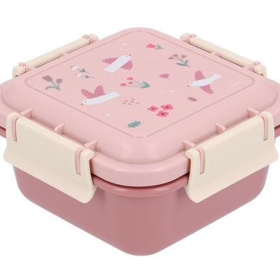 Lunch box quadrada rosa com desenhos de pássaros e flores, e fechos creme