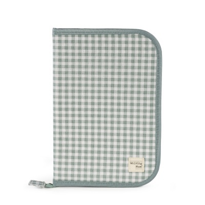 Pasta xadrez verde e branco com etiqueta Walking Mum