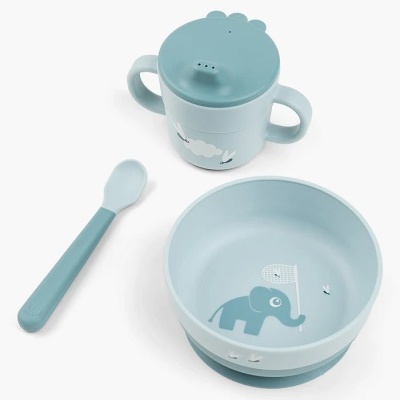 Conjunto de alimentação para bebé azul claro com prato, colher e caneca