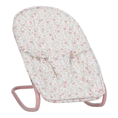 cadeira de descanso para bebé com padrão floral rosa e estrutura metálica rosa