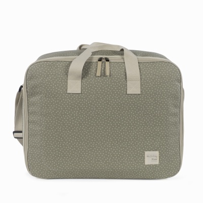 Mala verde-acinzentada com bolinhas brancas e alças bege