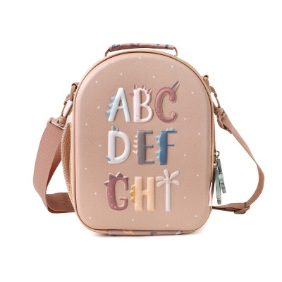 Mochila pequena cor-de-rosa com letras 3D coloridas