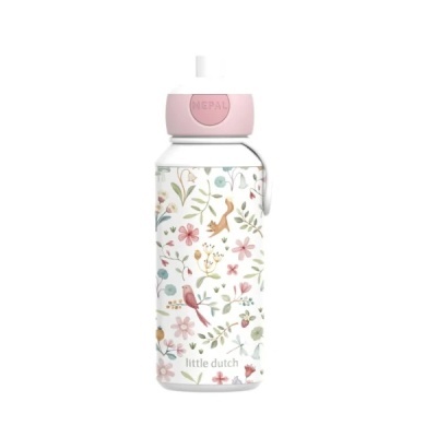 Garrafa infantil com padrão floral e tampa rosa