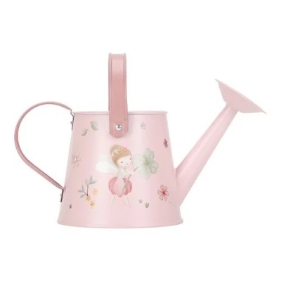 Regador metálico cor-de-rosa com ilustração de fada e flores