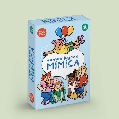 Caixa azul de jogo de cartas vamos jogar à MÍMICA com ilustrações de crianças e balões