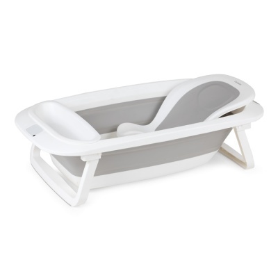 Banheira para bebé dobrável branca e cinza com suporte acolchoado