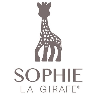 Logótipo Sophie La Girafe com girafa castanha e texto em fundo branco
