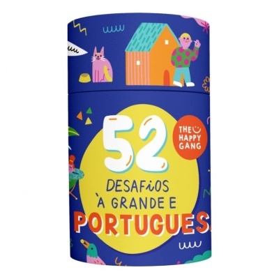 Embalagem cilíndrica azul com ilustrações e texto 52 desafios à grande e português