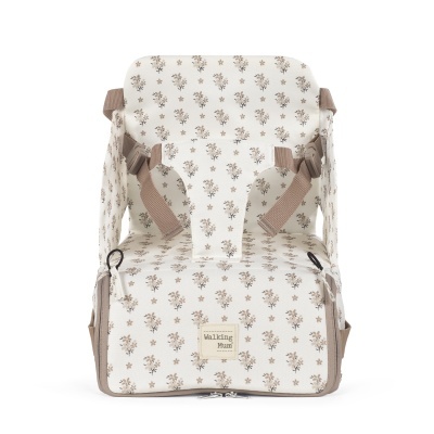 Cadeira portátil para bebés padrão floral bege e castanho com cintos de segurança.