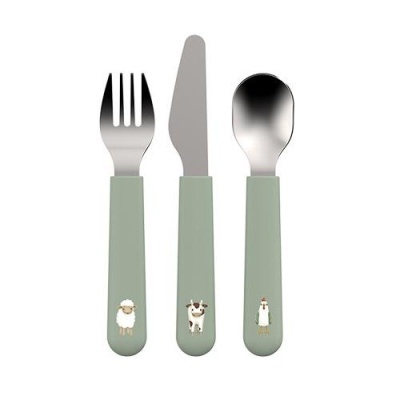 Talheres infantis com cabos verde-acinzentados e desenhos de uma ovelha, vaca e galinha