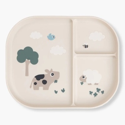 Prato infantil dividido com ilustrações de vaca, ovelha, árvore, pássaro e abelha