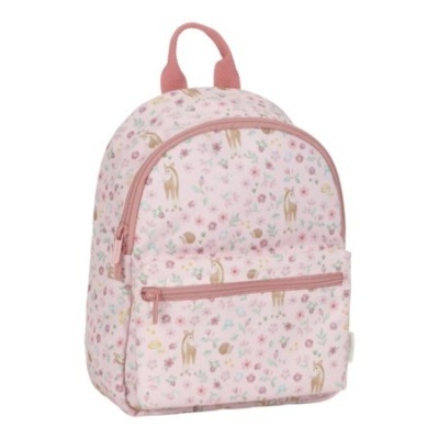 Mochila rosa com padrão de cervos e flores coloridas