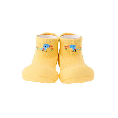 Meias amarelas para bebé com sola de borracha e bordado de pássaro azul.