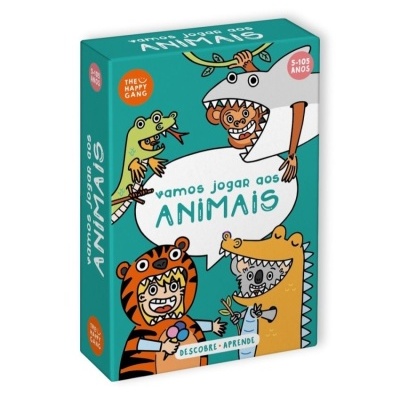 Embalagem do jogo de cartas educativo Vamos Jogar aos Animais azul com crianças em fatos de animais.