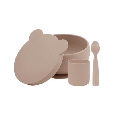 Conjunto de cozinha infantil em silicone rosa claro com tampa em forma de cabeça de urso, copo e colher