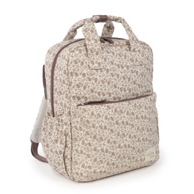 Mochila bege com padrão floral castanho e bolso frontal