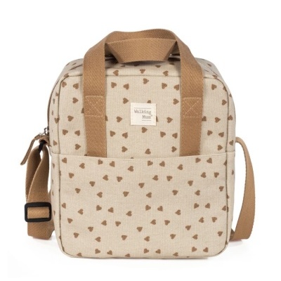 Mala quadrada bege com corações castanhos e alças castanhas