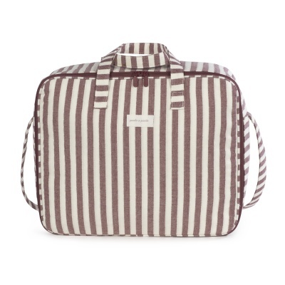 Mala de tecido com riscas creme e castanho e etiqueta pasito a pasito