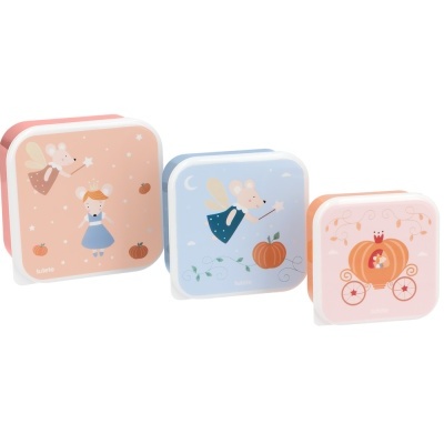 Conjunto de caixas plásticas decoradas com fadas e carruagem de abóbora