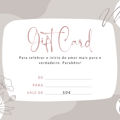 Cartão presente Baby's Love com valor de 50€ e design em bege e rosa pastel.