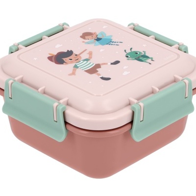 Marmita quadrada de plástico rosa com tampa creme decorada