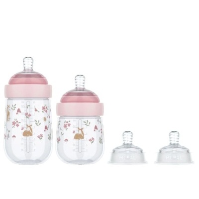 Conjunto de biberões rosa com decoração floral e animal