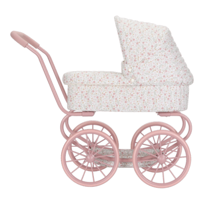 Carrinho de bebé vintage cor-de-rosa e branco com padrão floral