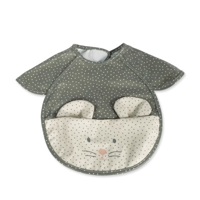 Babete para bebé verde escuro com padrão de bolinhas e rato desenhado em branco