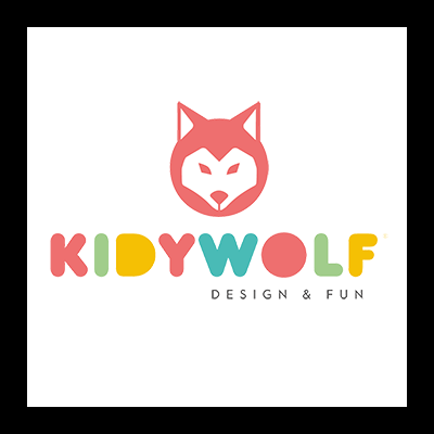 Logotipo colorido KIDYWOLF com cabeça de lobo e texto DESIGN & FUN