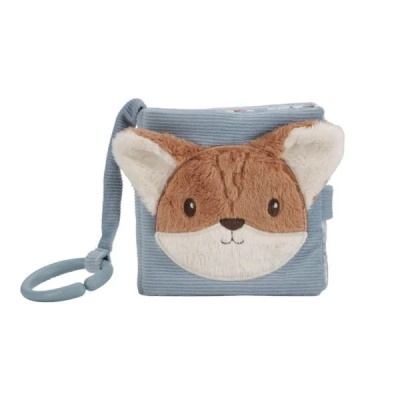Livro infantil em tecido azul com rosto de raposa de peluche