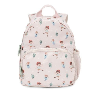 Mochila infantil rosa com padrão de crianças e animais e bolso frontal com fecho