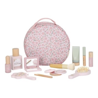 Conjunto de brinquedos de cosméticos rosa com padrão floral e acessórios variados
