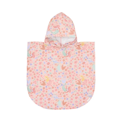 Poncho de criança com capuz e padrão de sereias e flores em tons pastéis