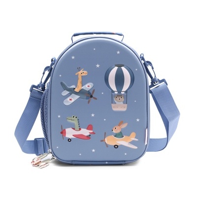 Mochila infantil azul com desenhos de animais em aviões e balão
